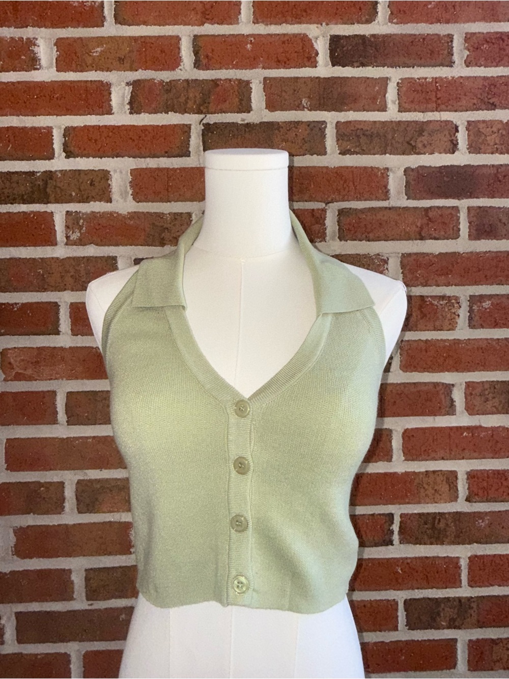 Princess Polly Sage Green Collared Button-Front Sleeveless Knit Top
